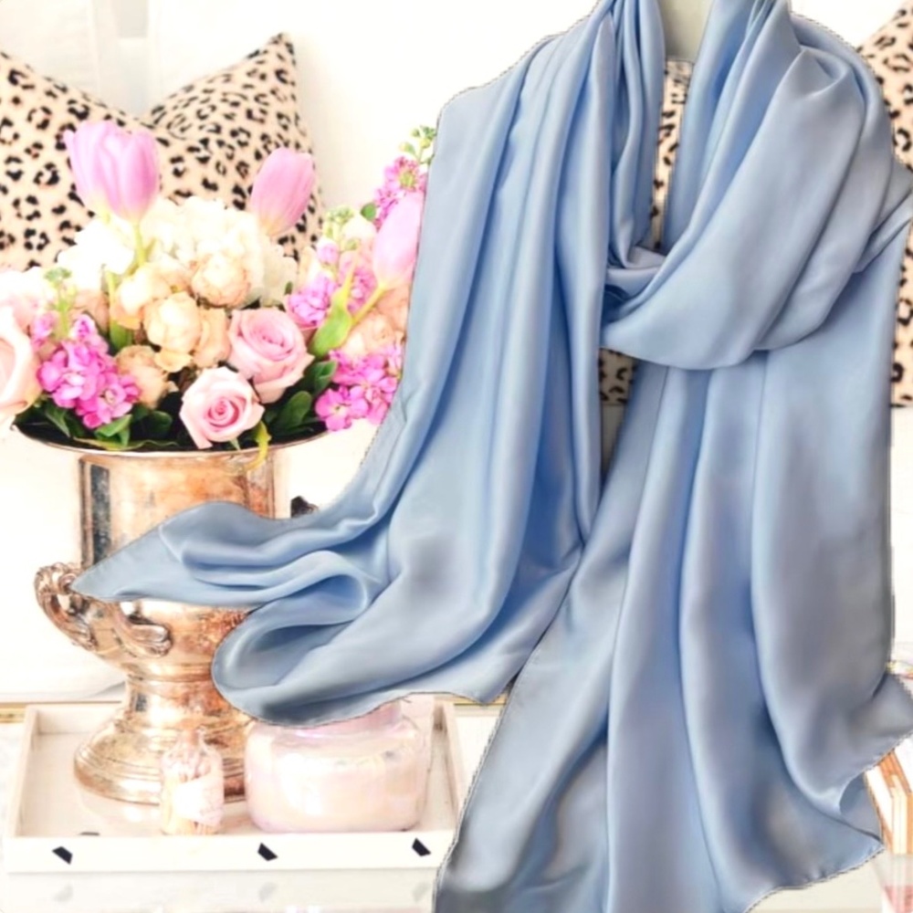 Ice Blue 100% SILK SATIN Large Shawl Cover Up Evening Wrap Wedding Scarf Gift